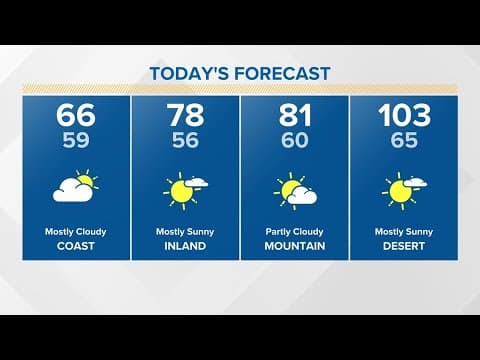 Morning coastal clouds stretch inland; threat of afternoon mountain t-storms climbs