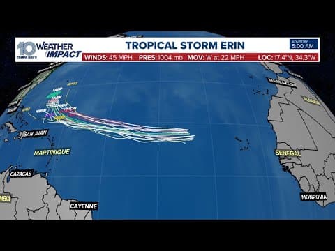 Tropical Storm Erin's latest track, plus weather conditions across the region