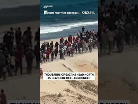Watch as thousands of Gazans head north as a ceasefire has been announced.
