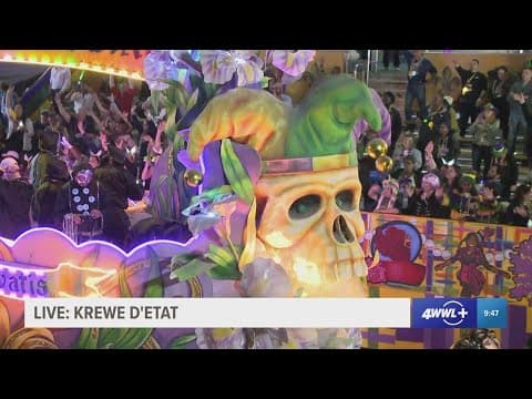 Krewe d'Etat rolls with their 'Rocks the boat' skull float