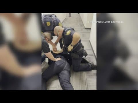 US Senator Alex Padilla forcibly removed during Noem's news conference