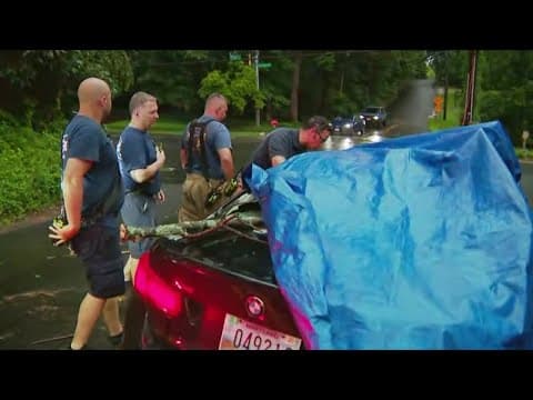Tree branch smashes through back window of car in Bethesda, firefighters work with driver