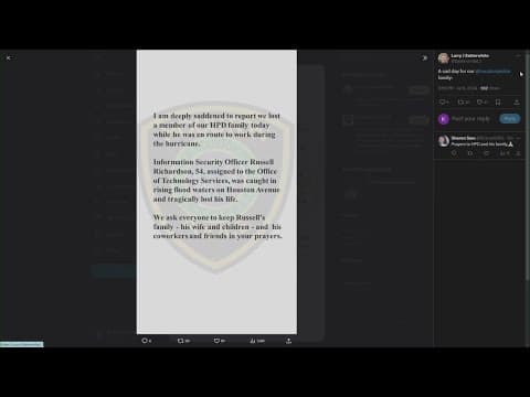 Houston police employee dies while trying to drive to work during Hurricane Beryl