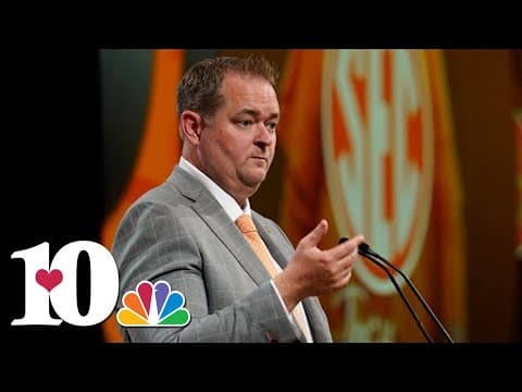 Tennessee football coach Josh Heupel speaks during media day