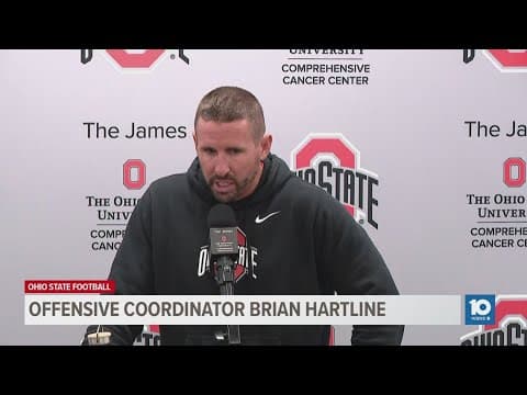 Offensive coordinator Brian Hartline speaks before Ohio State's spring game