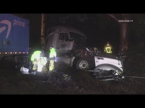 Two Amazon semi-trucks crash during rainfall in San Diego