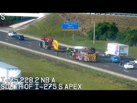 Denny's restaurant sign blocks traffic on I-75 in Manatee County