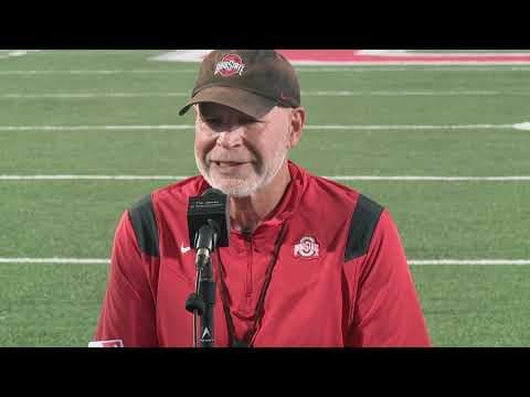 Ohio State defensive coordinator Jim Knowles speaks during first day of fall camp
