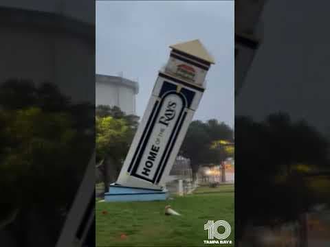 Tropicana Field sign damaged in St. Pete, Florida as Hurricane Helene moves through