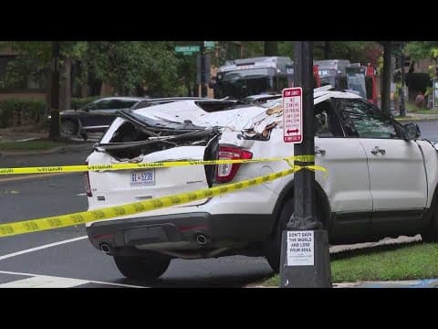 Tree crushes SUV in Northwest DC amid severe thunderstorm warning
