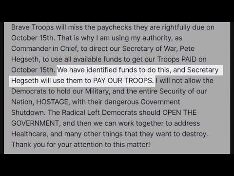 The government shutdown continues, Trump said the military should find money to pay servicemembers