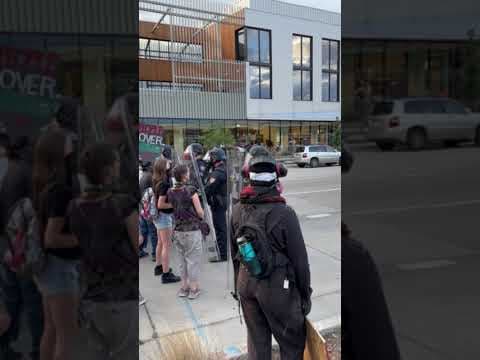 Protesters are met by law enforcement near Exposition and Broadway