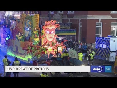 Final float in Krewe of Proteus parade rolls