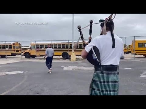 Bagpiper follows principal for senior prank