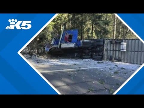 Semi-truck rollover blocking SR 18 at Tiger Mountain