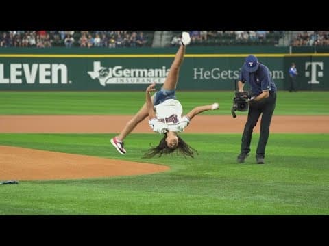 Olympian Hezly Rivera throws the first pitch at Texas Rangers game
