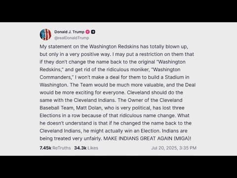 Trump threatens RFK stadium deal over Commanders name change