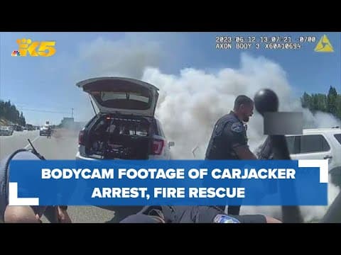 Bodycam video shows police arrest suspected carjacker, save woman from burning car