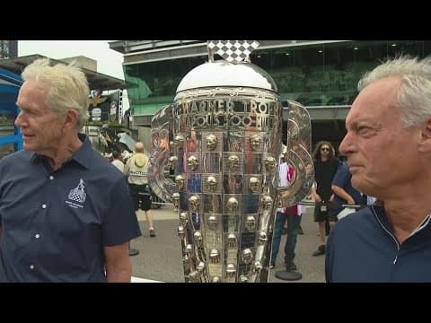The Borg-Warner Trophy arrives at the yard of bricks