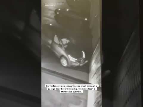 Surveillance video shows thieves crash through a garage door before stealing 7 cars