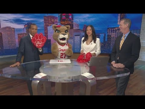 Sasha, the Coogs mascot, stops by KHOU 11 with her prediction for UH vs. Duke