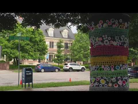 Woman crochets sweaters to put around trees in downtown Indianapolis