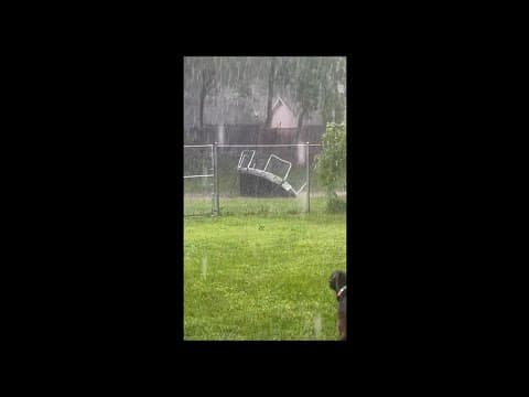 Trampoline floats down ditch during severe weather in Needville