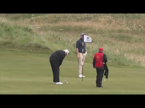 Trump visits golf resorts in Scotland as protesters ask for info on Jeffrey Epstein