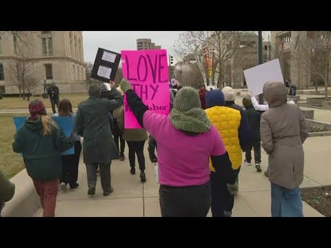 Demonstrators gathering at Indiana Statehouse for protest against President Donald Trump's project 2