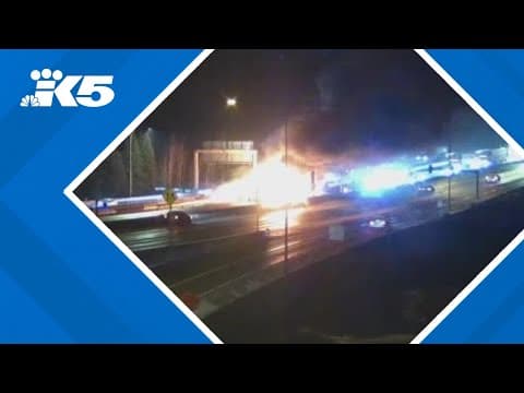 Semi-truck rollover crash and fire blocks I-405 N in Renton