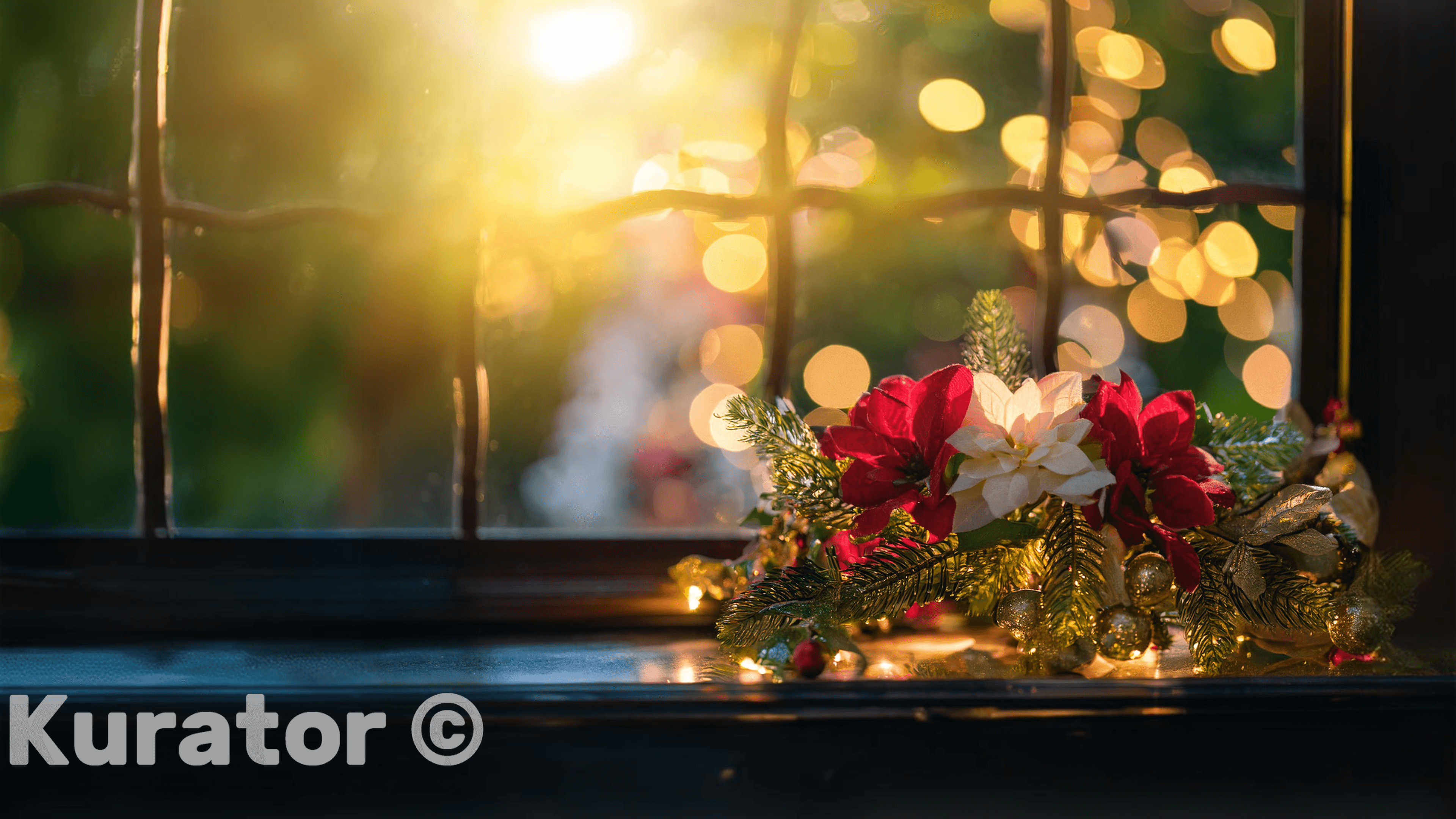 Festive holiday arrangement with red and white poinsettias, pine branches, and golden ornaments placed on a windowsill. Warm bokeh lights create a cozy and inviting Christmas atmosphere