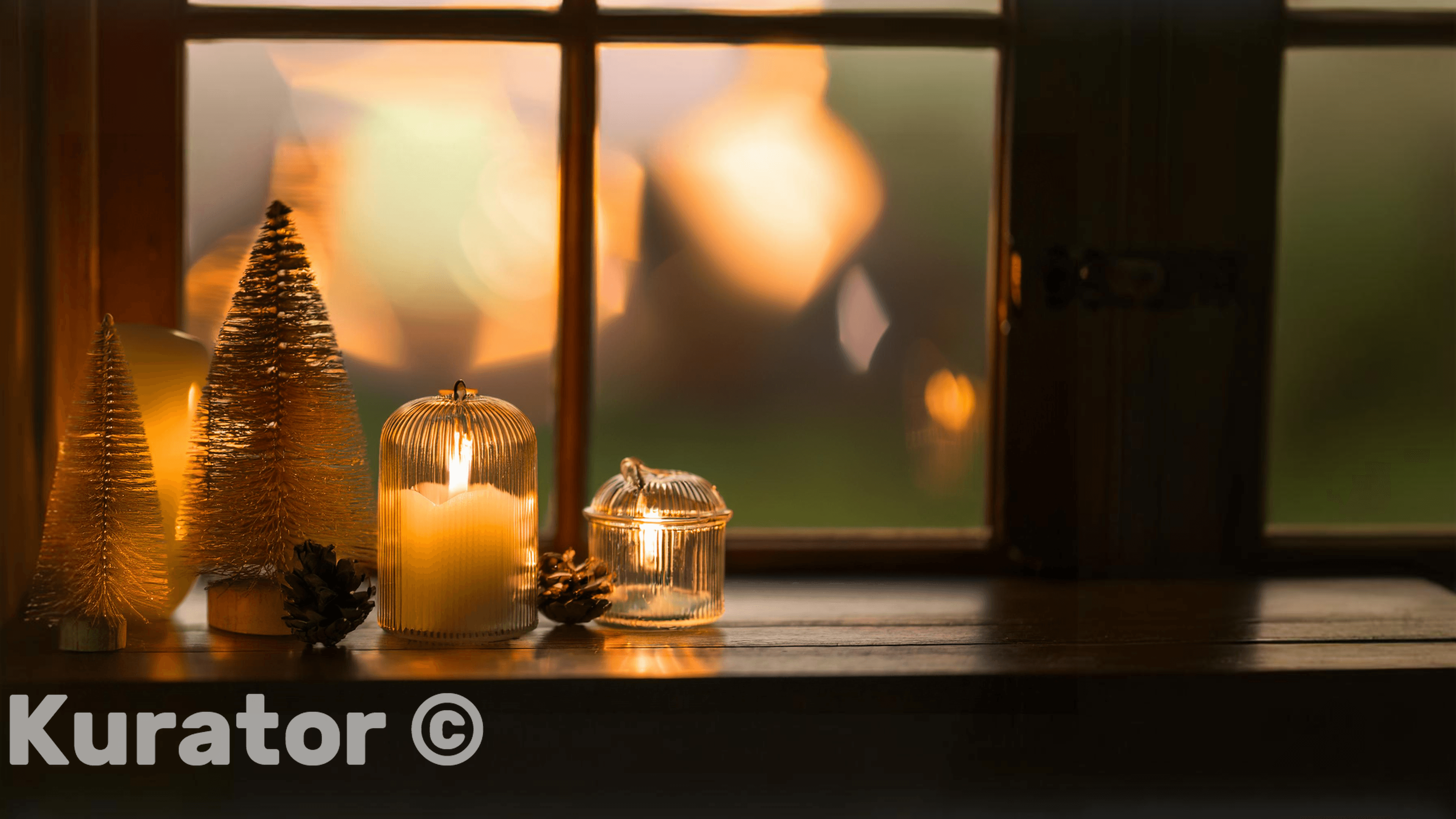 Warm and cozy holiday scene featuring a lit candle in a glass cloche, miniature golden Christmas trees, and pinecones on a windowsill. Soft bokeh lights in the background enhance the festive atmosphere