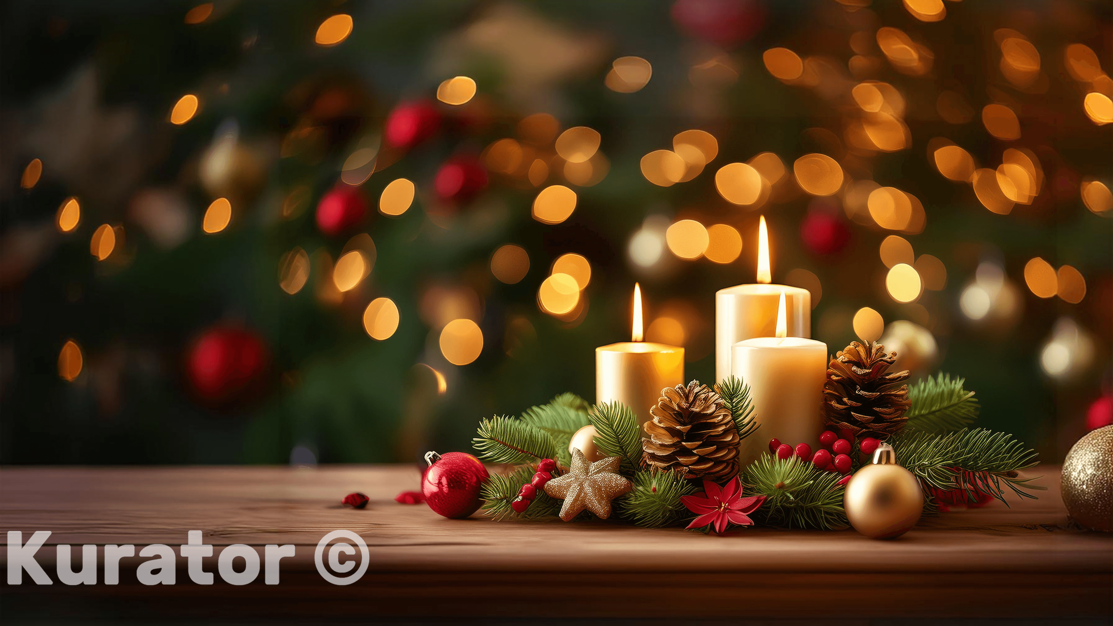 Festive holiday arrangement with lit candles, pinecones, red berries, ornaments, and evergreen branches on a wooden surface. The background features warm bokeh lights, creating a cozy Christmas atmosphere