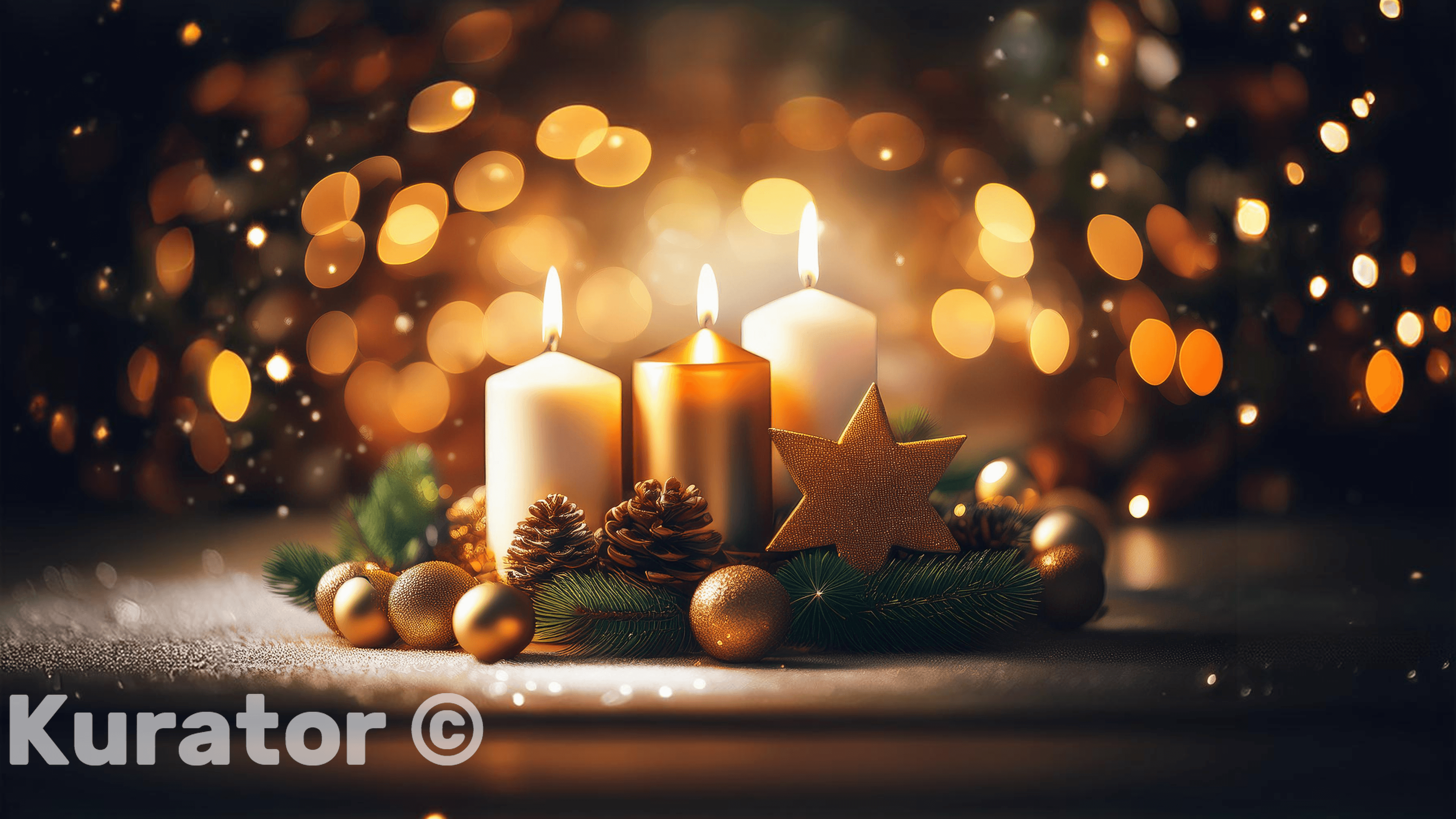 Warm and festive holiday arrangement with lit candles, pinecones, gold ornaments, and a red star decoration on a soft surface. The background features glowing bokeh lights, enhancing the cozy Christmas atmosphere