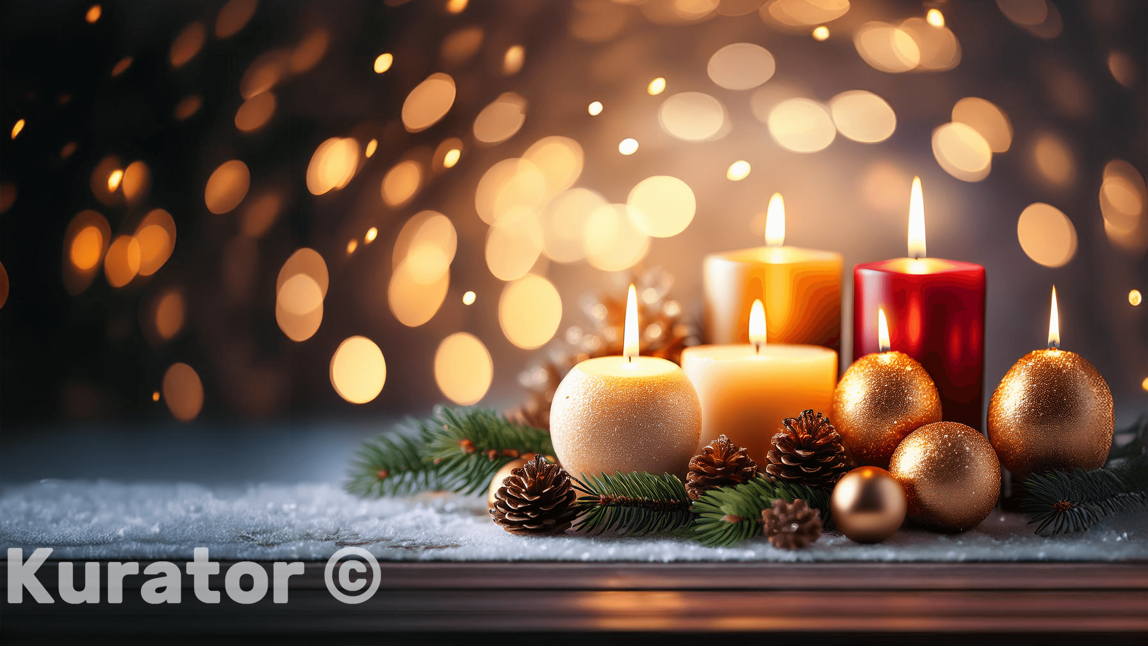 Festive holiday arrangement featuring lit candles in warm tones, pinecones, gold ornaments, and evergreen branches. The background showcases glowing bokeh lights, creating a cozy and inviting Christmas ambiance