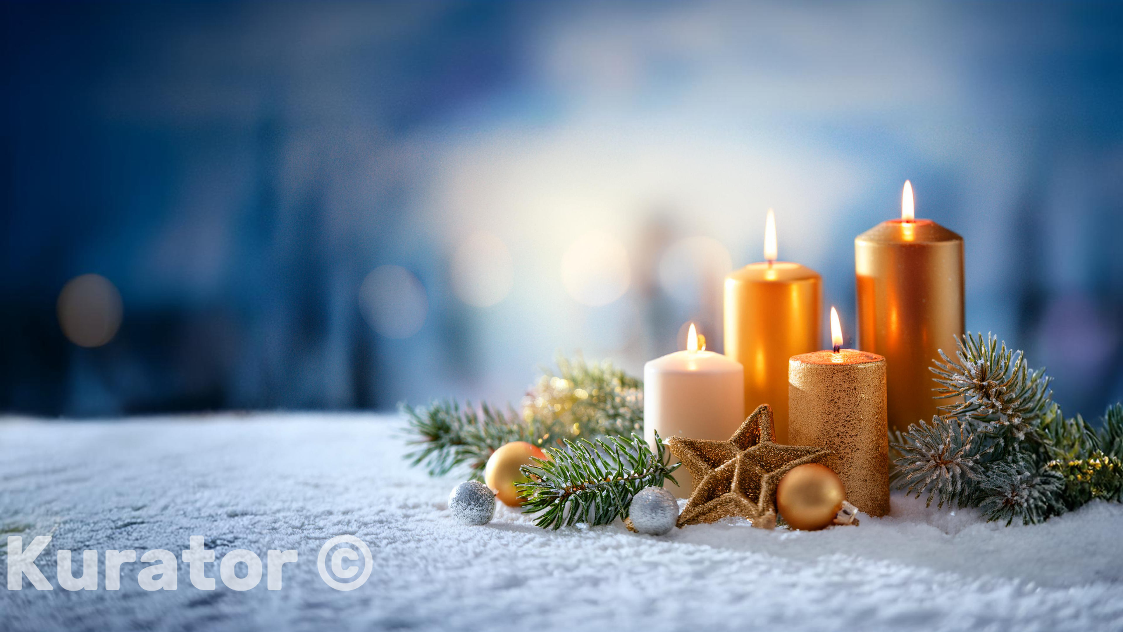 Golden Candlelit Christmas Decor on Snowy Surface – Elegant Winter Holiday Scene