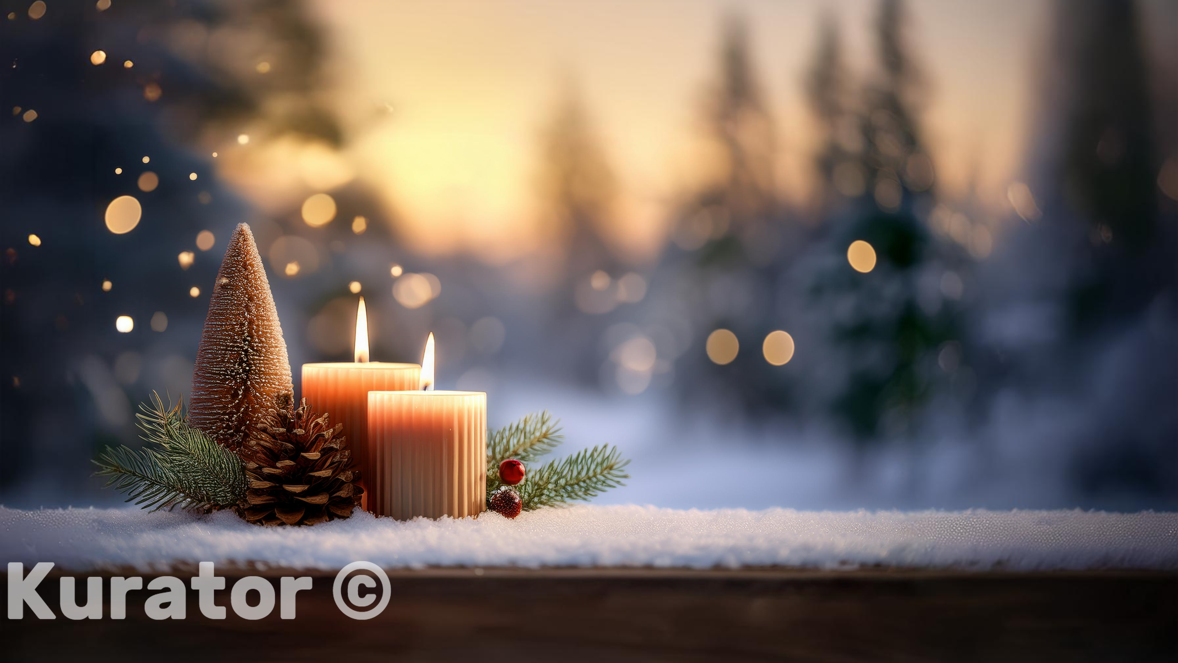 Candlelit Christmas Decor with Pinecone on Snowy Surface – Warm Winter Sunset