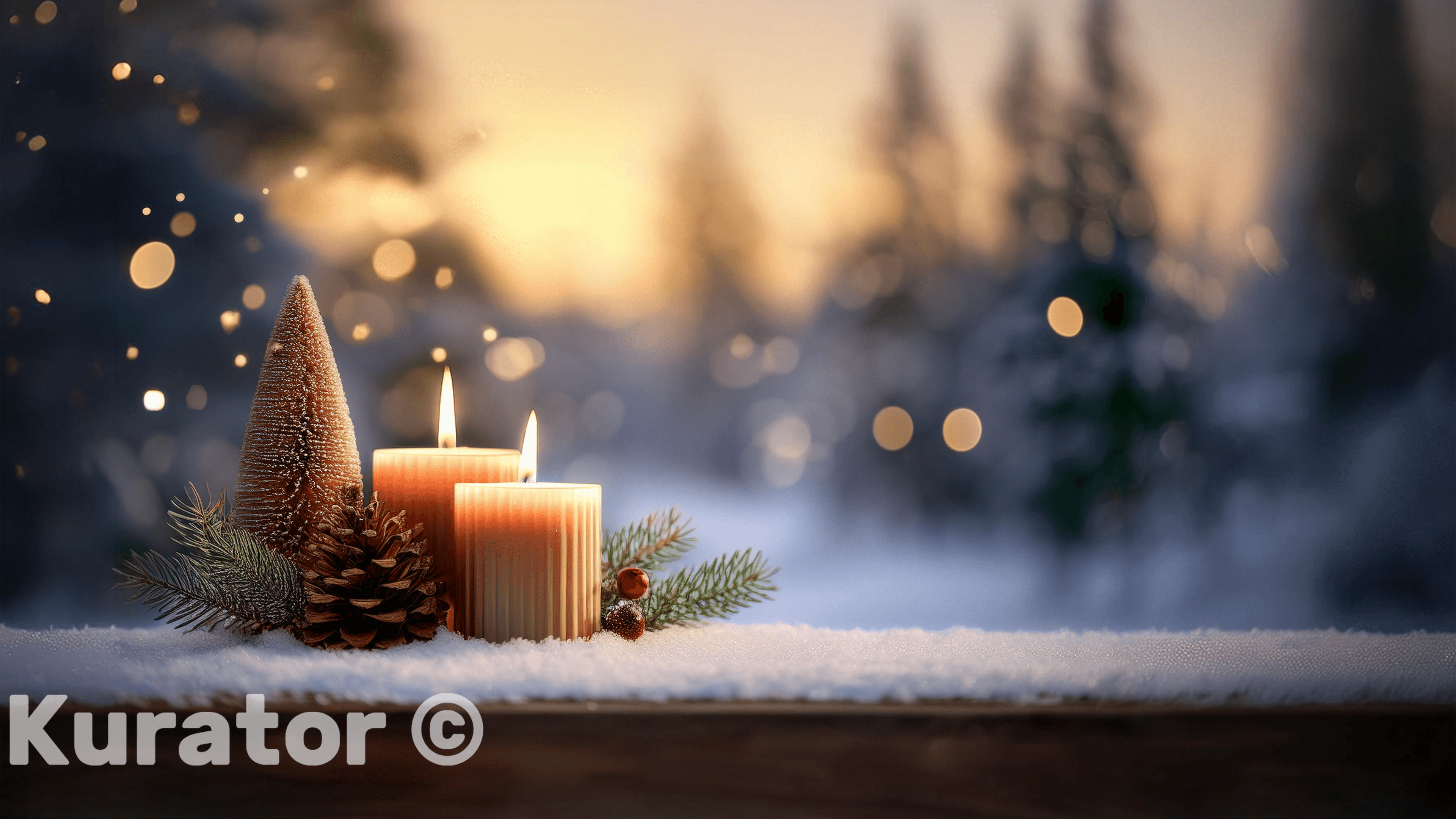 Cozy holiday scene with lit candles, a pinecone, and a small Christmas tree on a snow-covered surface. The background features warm bokeh lights and a wintery forest landscape, creating a serene Christmas atmosphere