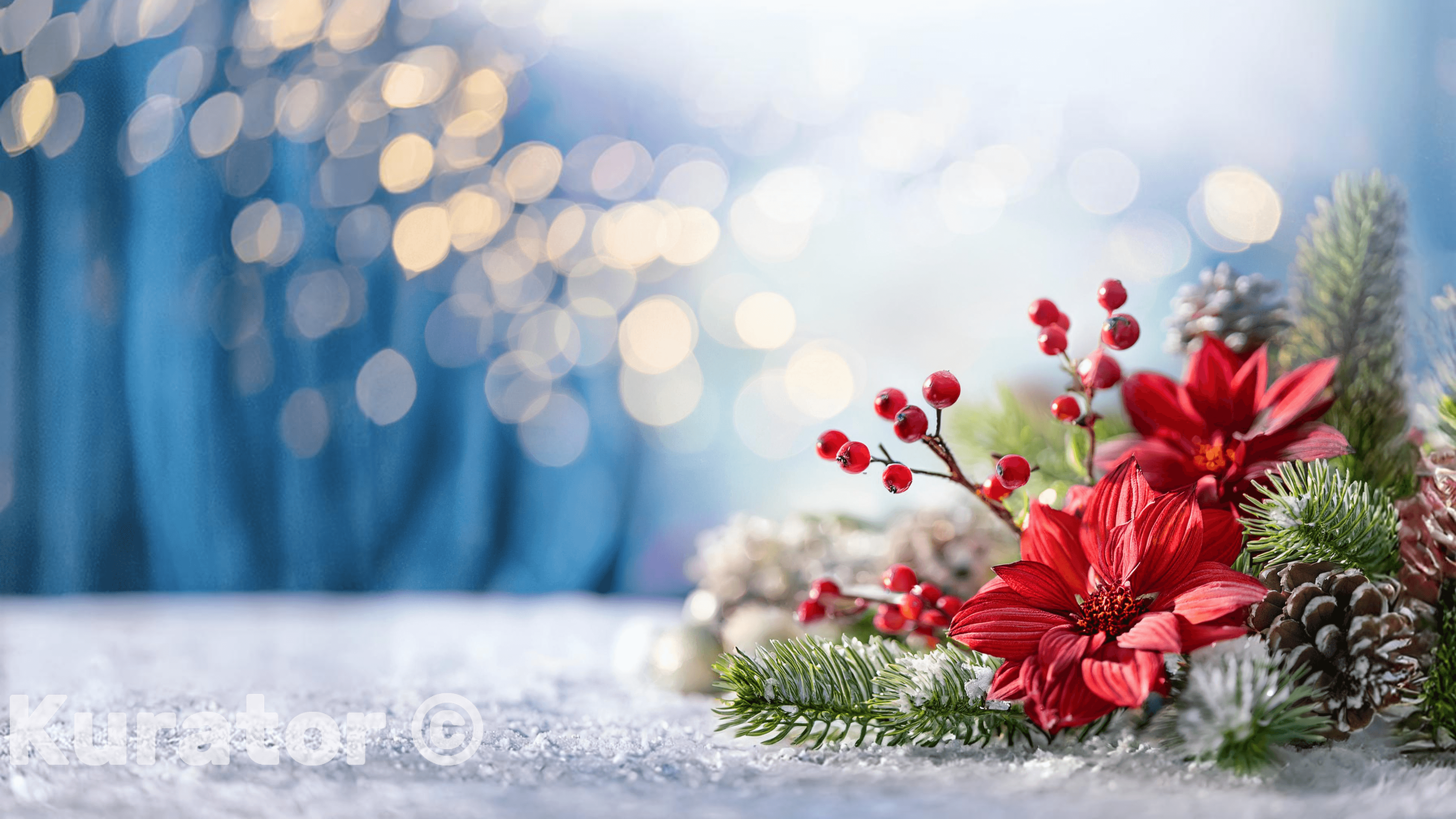 Beautiful holiday arrangement featuring red poinsettias, pine branches, and berries on a snow-covered surface. The background showcases soft bokeh lights in warm tones, creating a festive and serene Christmas atmosphere