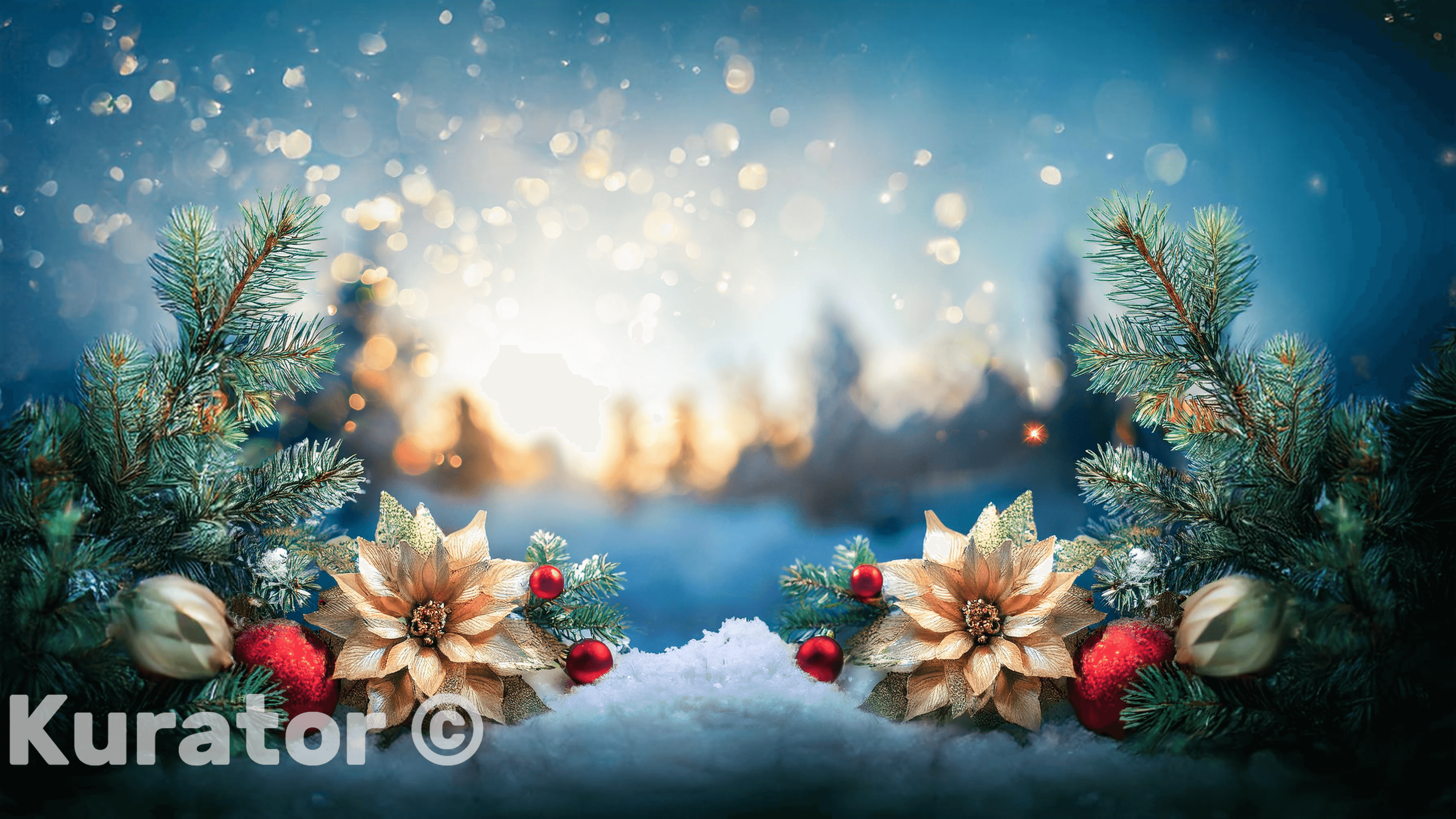 Enchanting Christmas scene with golden poinsettias, red ornaments, and pine branches placed on a snow-covered surface. The background features a dreamy winter landscape with soft bokeh lights, creating a magical holiday atmosphere