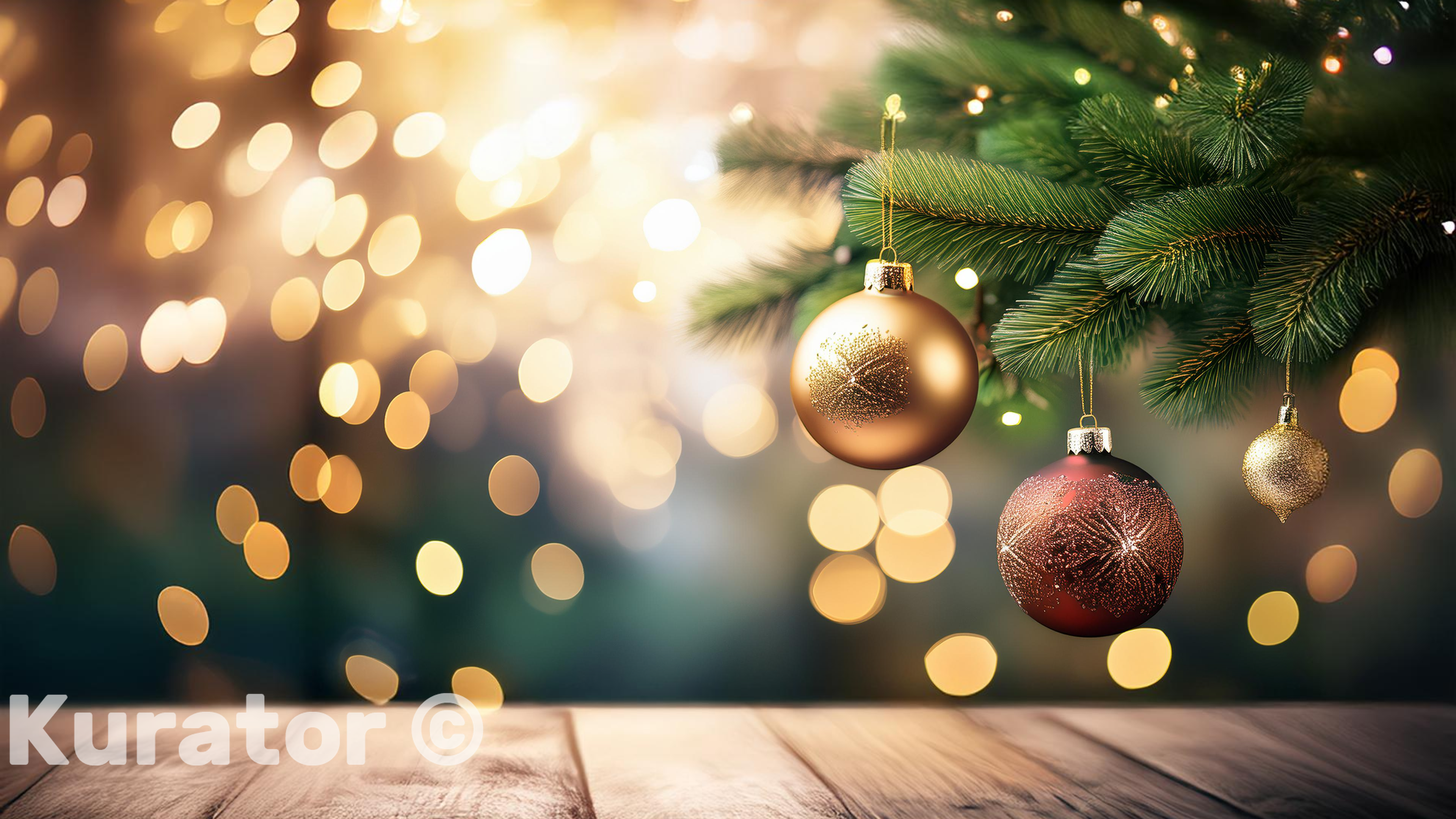 Red and Gold Christmas Ornaments on Pine Branch – Warm Holiday Bokeh Background