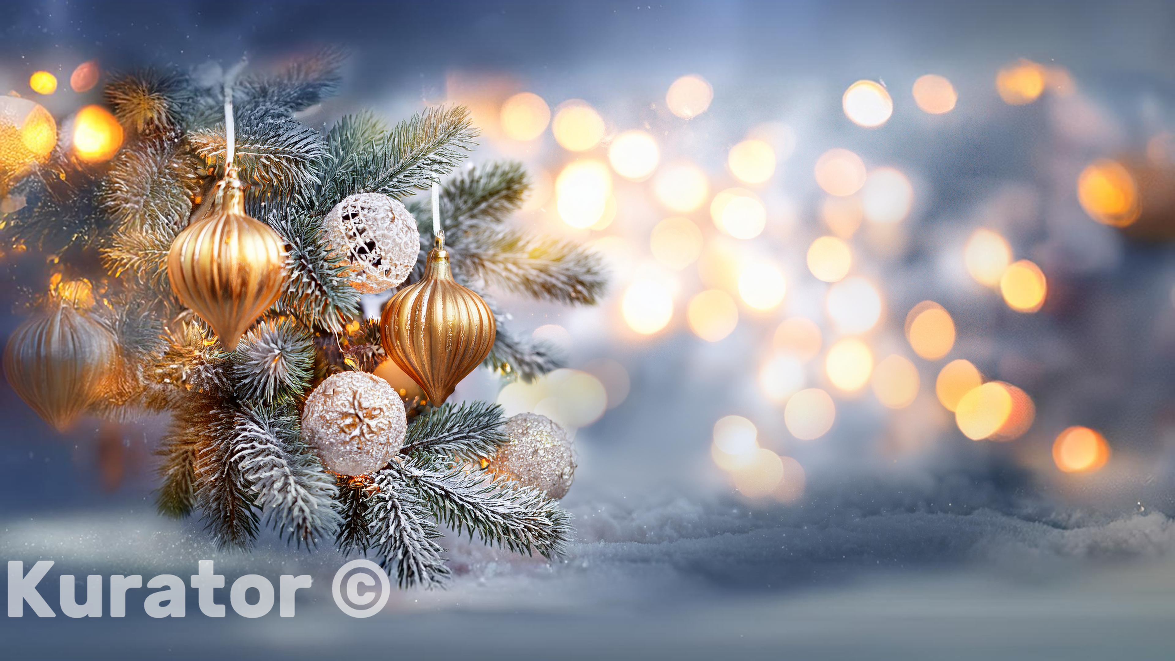 Gold and White Ornaments on Christmas Tree – Festive Winter Glow