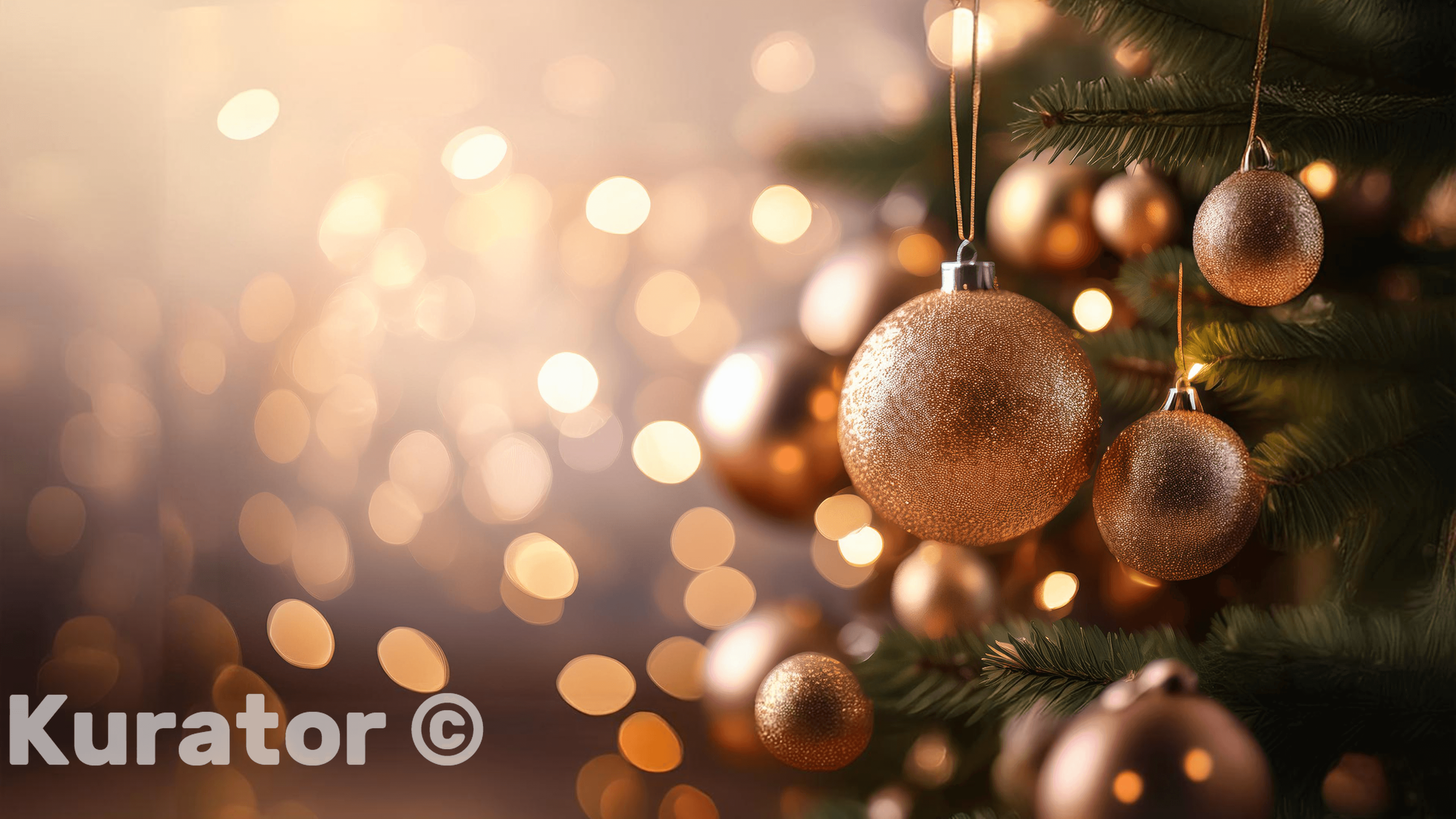 Close-up of a Christmas tree decorated with shimmering gold ornaments, set against a backdrop of warm, glowing bokeh lights. The image captures the elegance and festive spirit of the holiday season