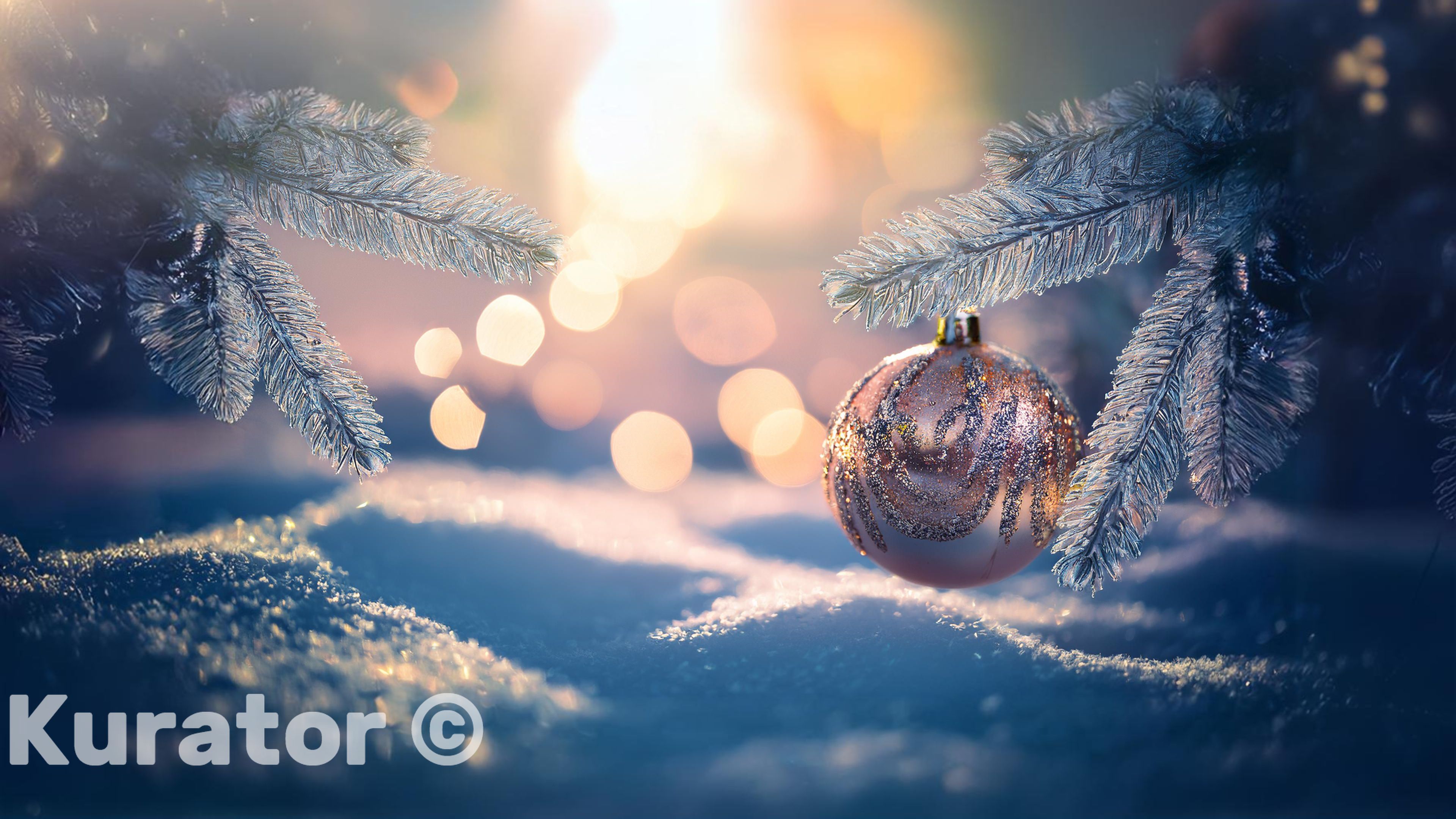 Frosted Christmas Ornament on Snowy Branch – Cool Winter Bokeh