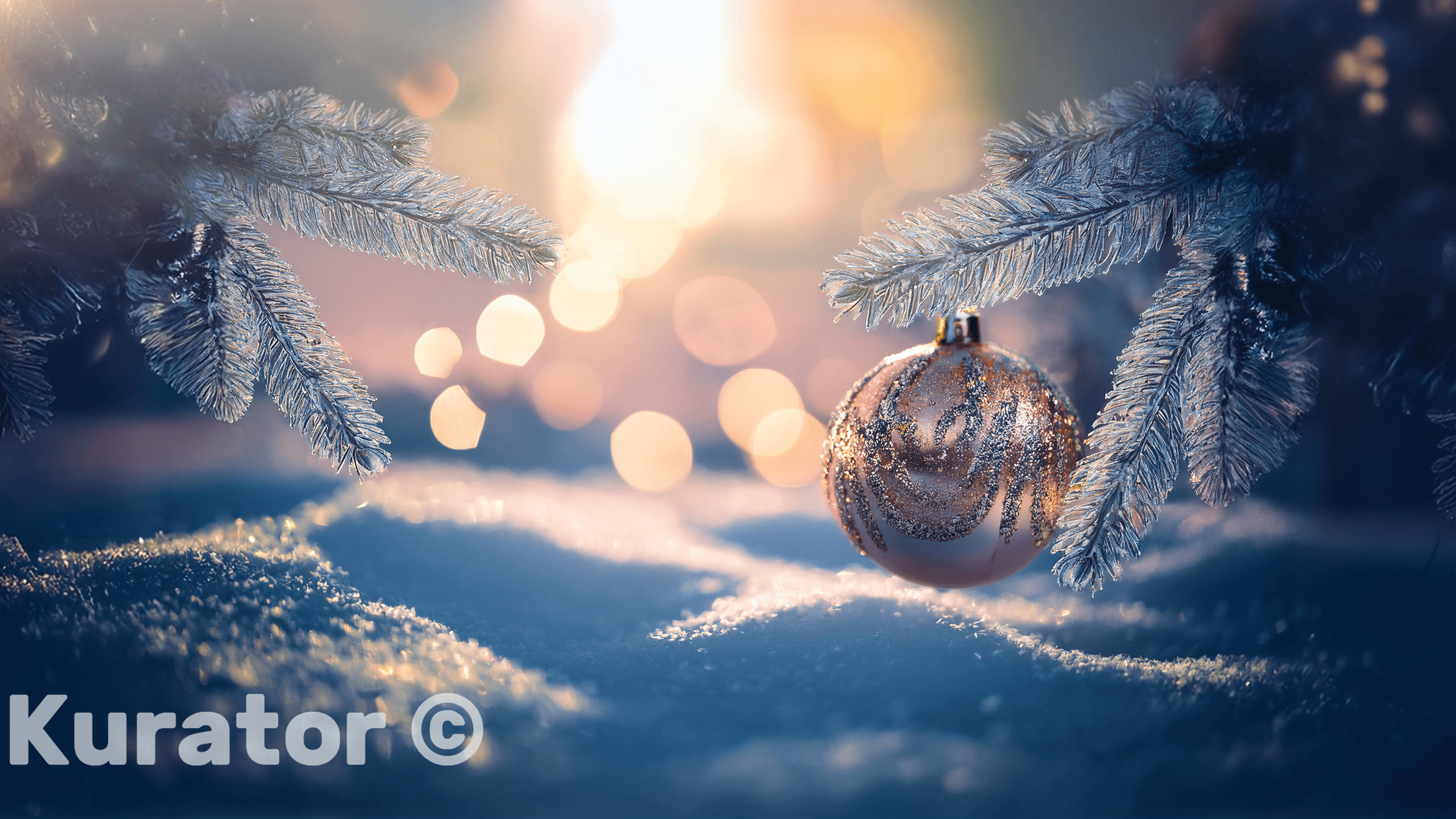 Beautiful Christmas ornament hanging from a frosted tree branch, set against a snowy background with warm, glowing bokeh lights. The scene captures the serene and magical atmosphere of the winter holiday season