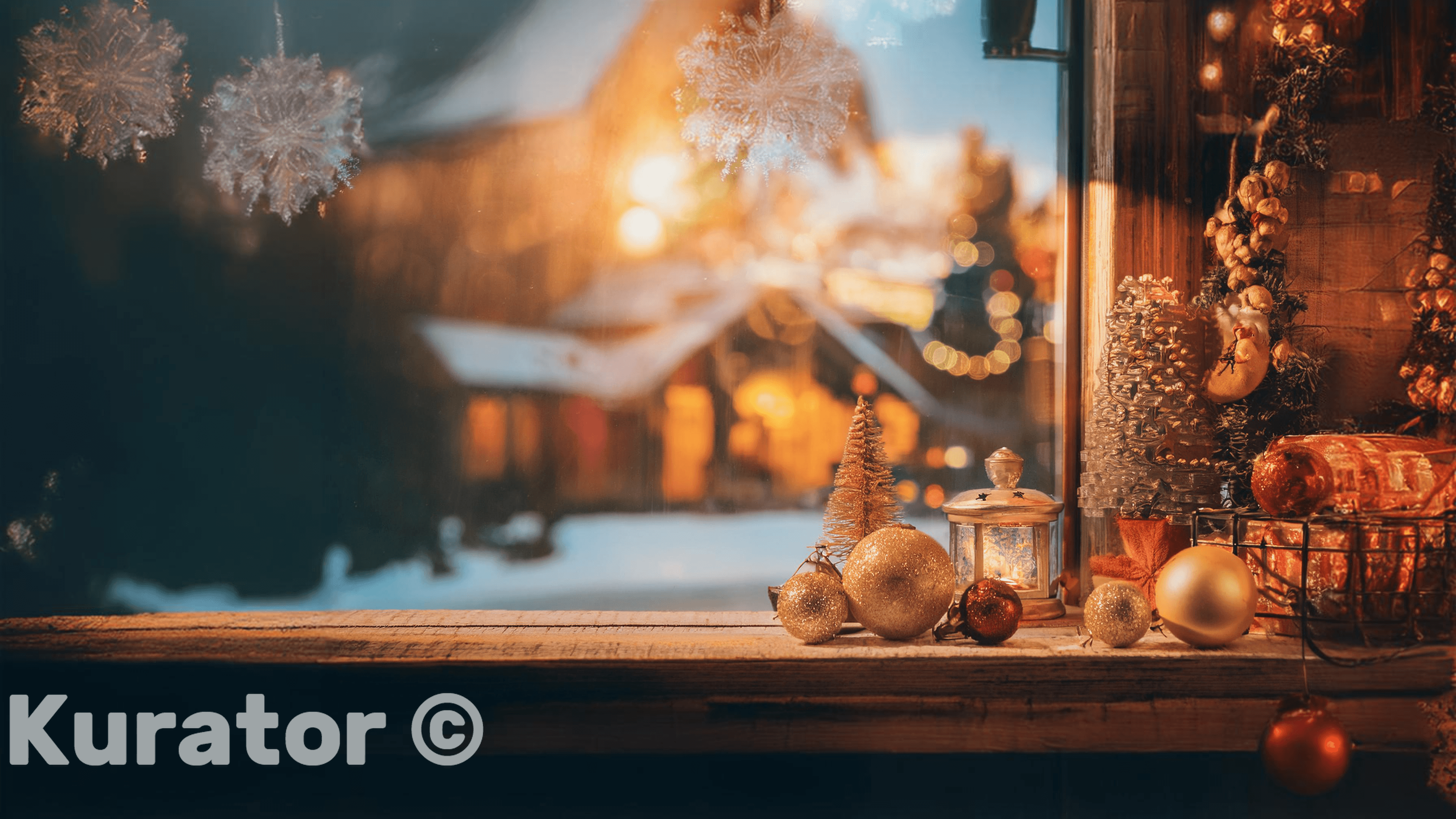 Cozy Christmas scene with golden and red ornaments, a small Christmas tree, and a lantern on a wooden windowsill. The background features a warm, glowing winter evening outside, capturing the festive and inviting atmosphere of the holiday season