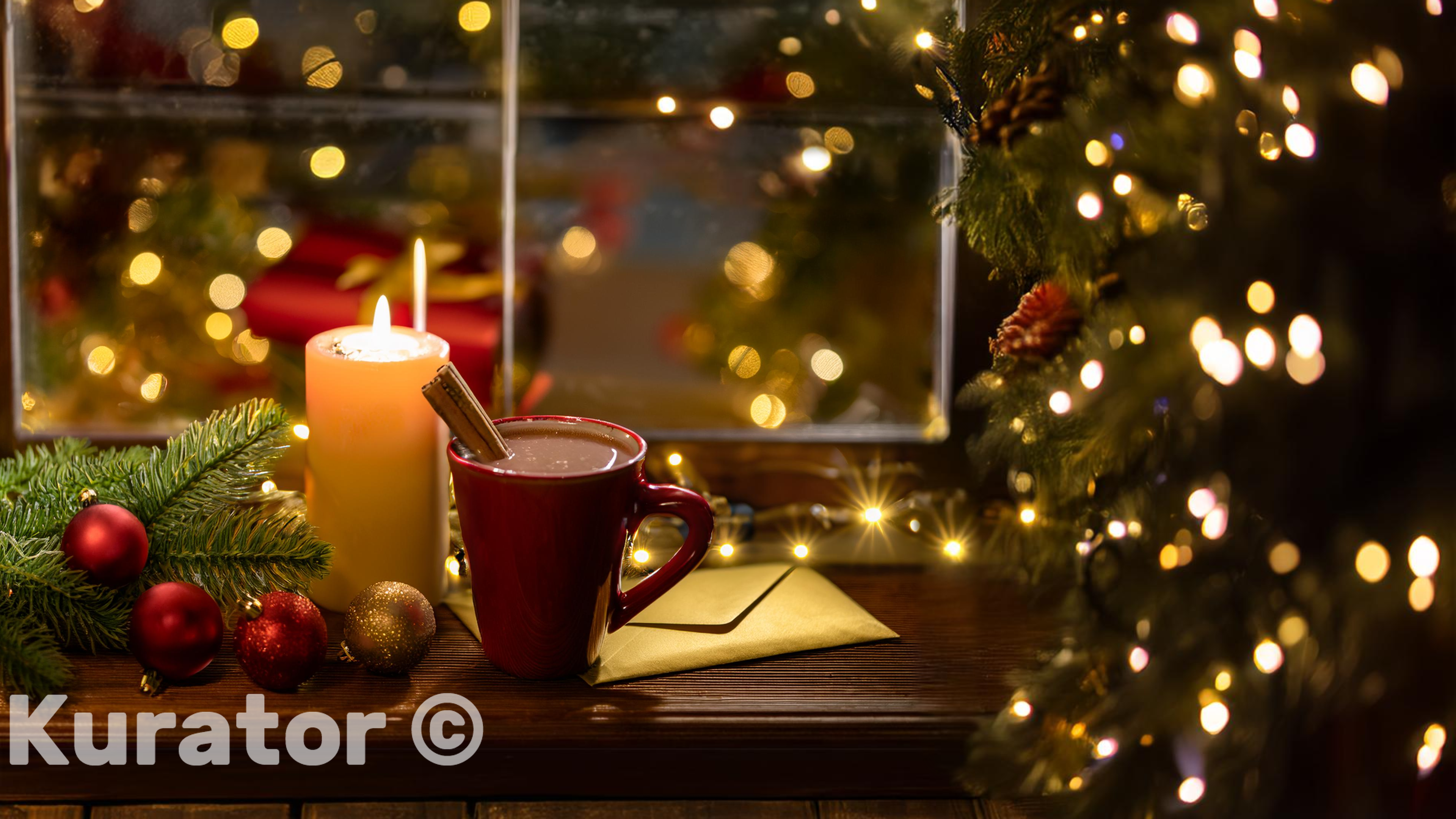 Hot Chocolate and Candle on Windowsill – Warm Christmas Evening Scene