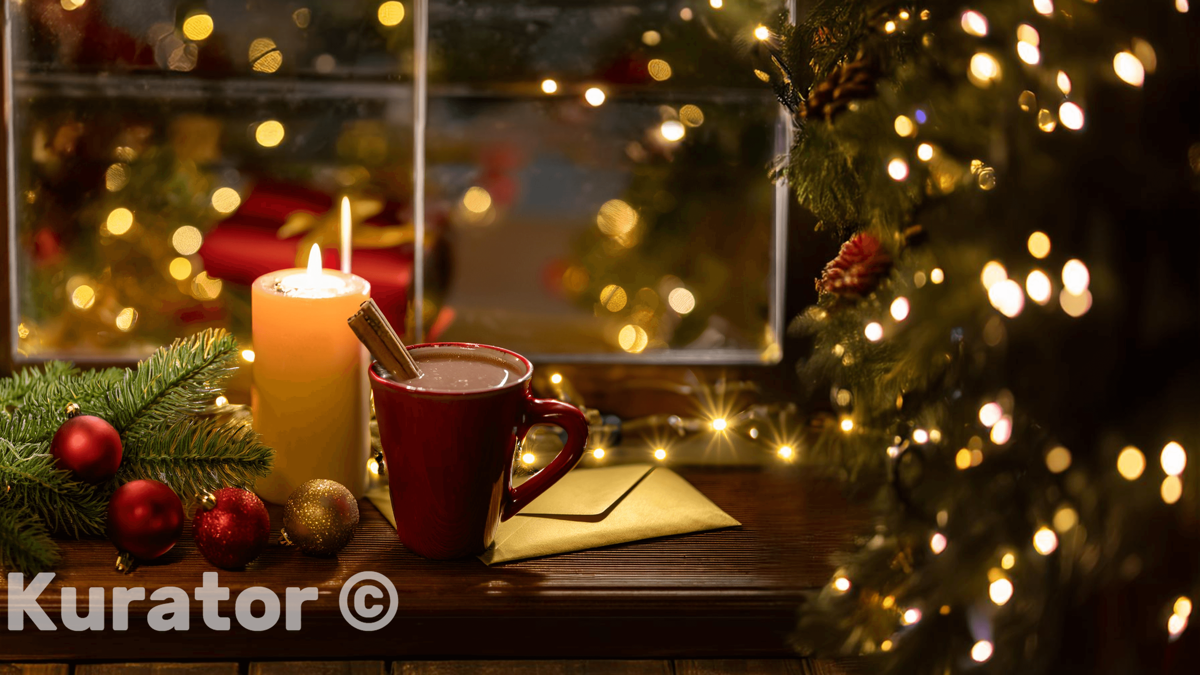 Cozy Christmas scene with a candle, a mug of hot chocolate with a cinnamon stick, and festive ornaments on a wooden surface. The background features warm bokeh lights, creating a peaceful holiday atmosphere