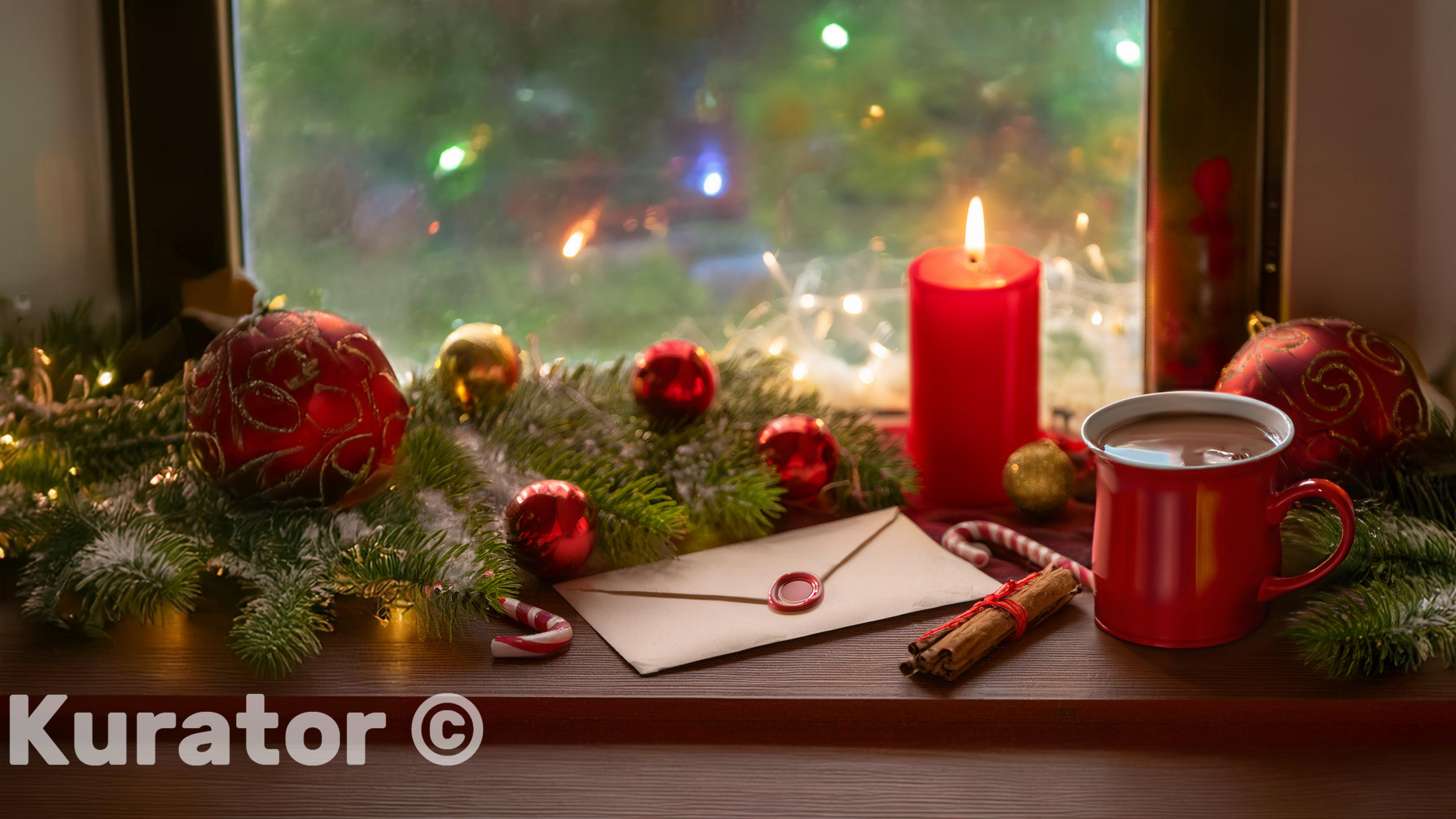 Red Candle and Hot Chocolate on Windowsill – Cozy Christmas Decor